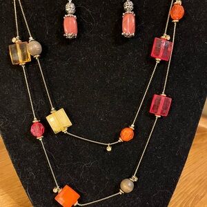 Long vintage necklace w/orange, red, and gray wood beads & matching earrings 60”